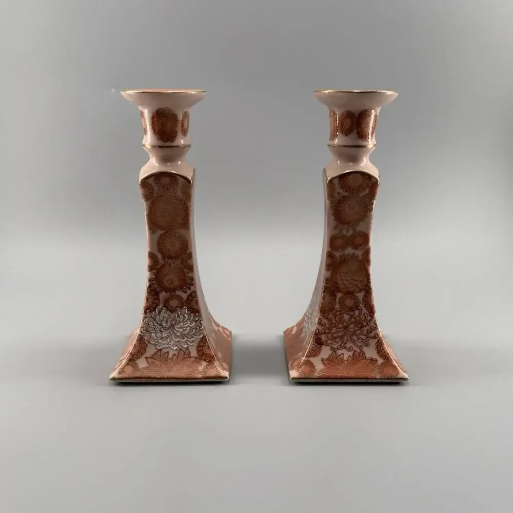 Vintage Andrea by Sadek 7763 Candlesticks Pair Orange Floral Gold Porcelain